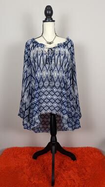 2tee Couture Blue White Sheer Boho Ruffle Tie Neck Wide Sleeve High Low Blouse S